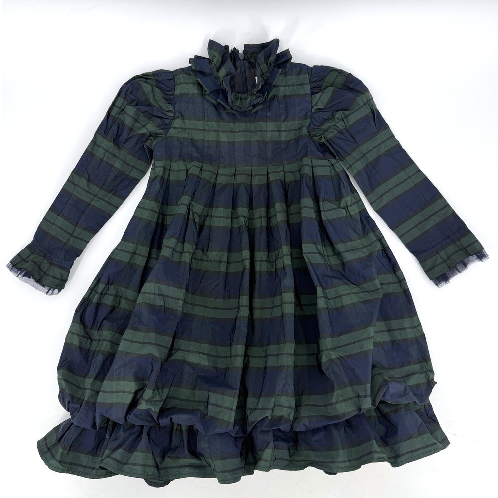 Il Gufo Girl's Green Blue Plaid Holiday Formal Dress Tulle Ruffle Hem Sz 6